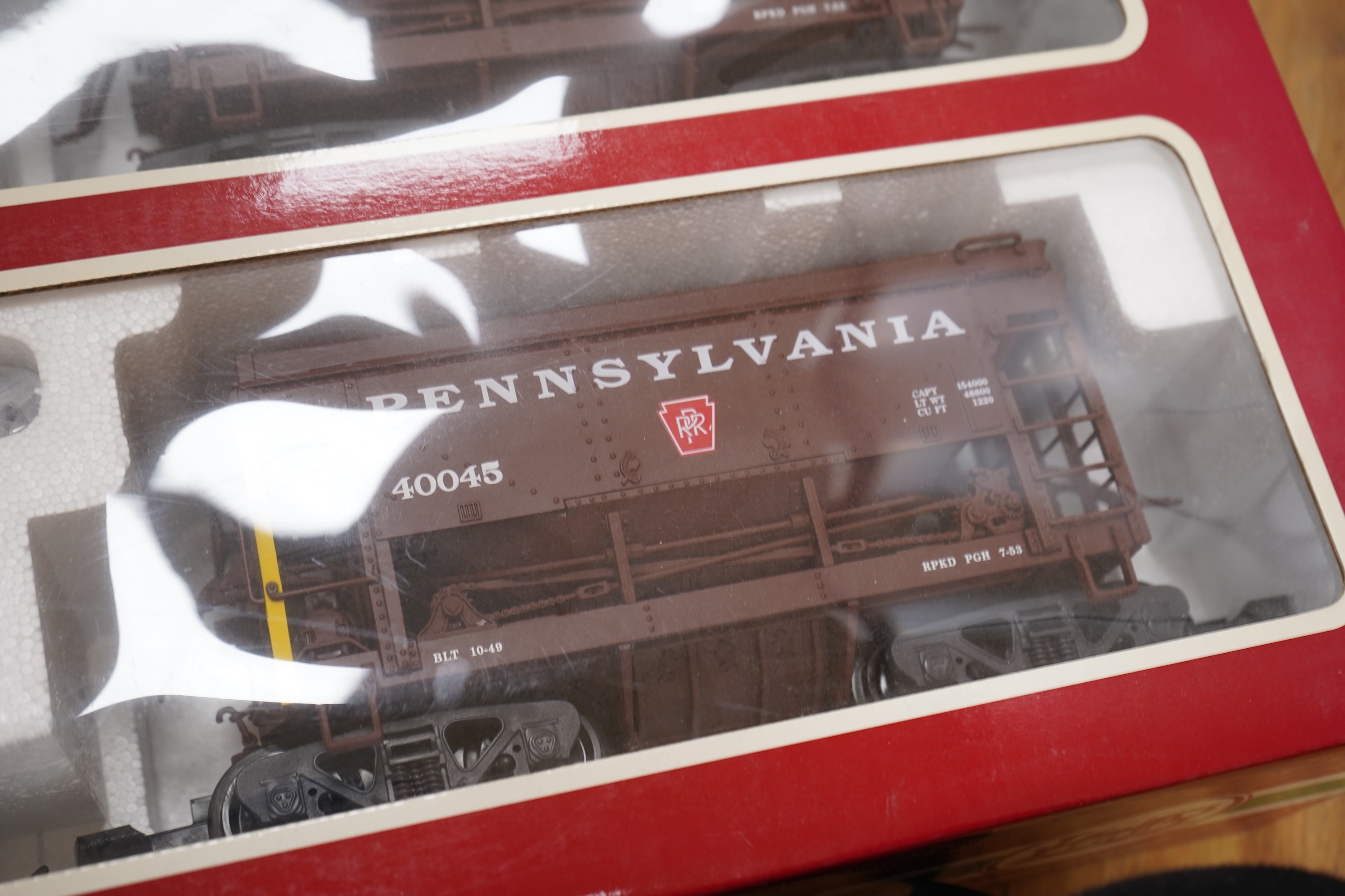 A boxed G scale (45mm) LGB set of four hopper wagons (40045). Condition - good.